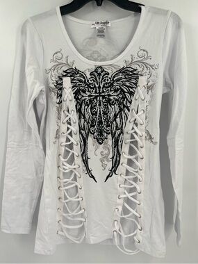 Y2K Vintage from Los Angeles Bus Stop Biker Top White Embellished Wings